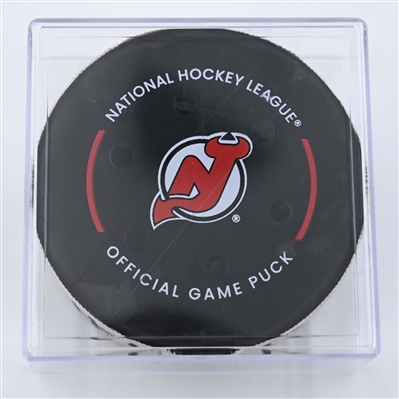 Jonatan Berggren - Detroit Red Wings - Goal Puck - April 16, 2025 vs. New Jersey Devils (Devils Logo)