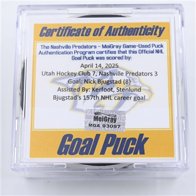Nick Bjugstad - Utah Hockey Club - Goal Puck - April 14, 2025 vs. Nashville Predators (Predators Logo)