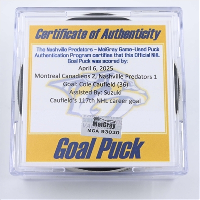 Cole Caufield - Montreal Canadiens - Goal Puck - April 6, 2025 vs. Nashville Predators (Predators Logo)