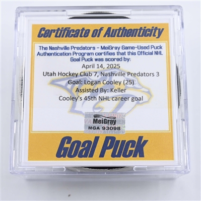 Logan Cooley - Utah Hockey Club - Goal Puck - April 14, 2025 vs. Nashville Predators (Predators Logo)