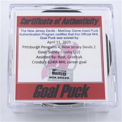 Sidney Crosby - Pittsburgh Penguins - Goal Puck - April 11, 2025 vs. New Jersey Devils (Devils Logo)