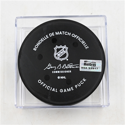 Jake DeBrusk - Vancouver Canucks - Goal Puck - March 28, 2025 vs. Columbus Blue Jackets (Blue Jackets Logo)