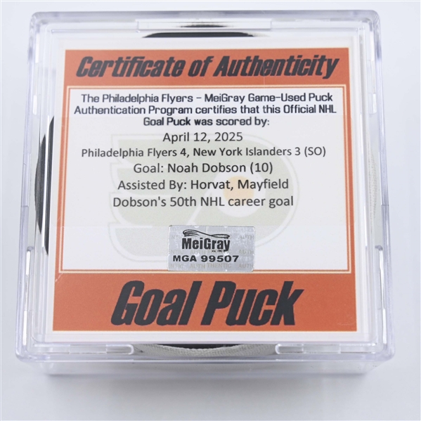 Noah Dobson - New York Islanders - Goal Puck - April 12, 2025 vs. Philadelphia Flyers (Flyers Logo)