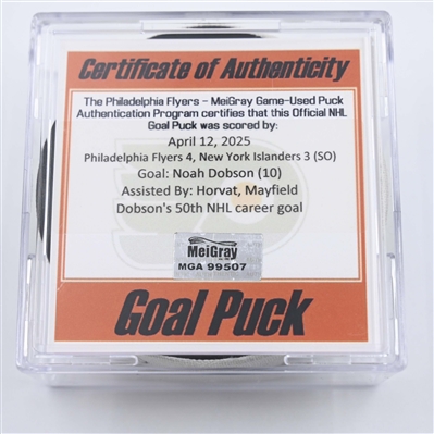 Noah Dobson - New York Islanders - Goal Puck - April 12, 2025 vs. Philadelphia Flyers (Flyers Logo)
