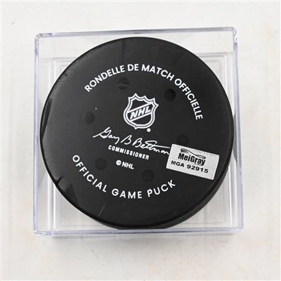Linus Karlsson - Vancouver Canucks - Goal Puck - March 28, 2025 vs. Columbus Blue Jackets (Blue Jackets Logo)