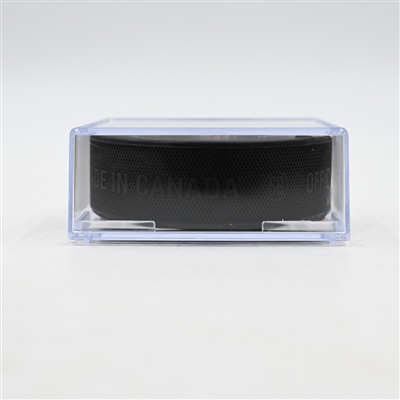 Linus Karlsson - Vancouver Canucks - Goal Puck - March 28, 2025 vs. Columbus Blue Jackets (Blue Jackets Logo)