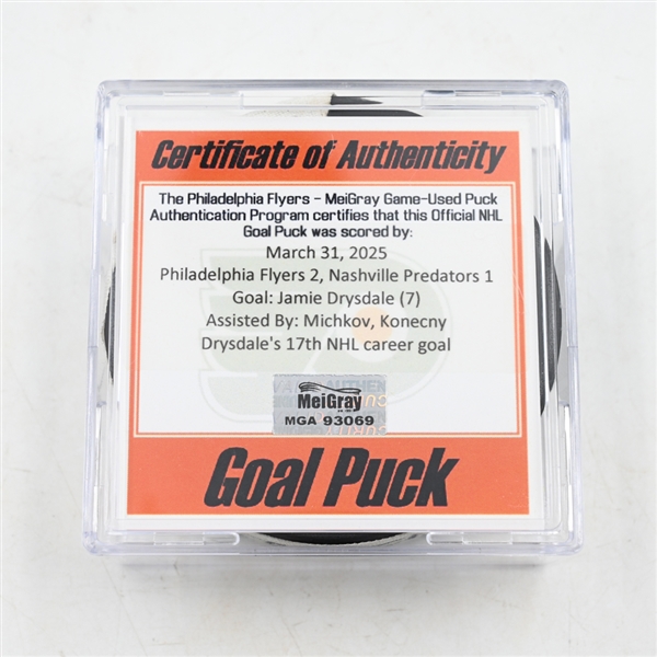 Jamie Drysdale - Philadelphia Flyers - Goal Puck - March 31, 2025 vs. Nashville Predators (Flyers Logo)