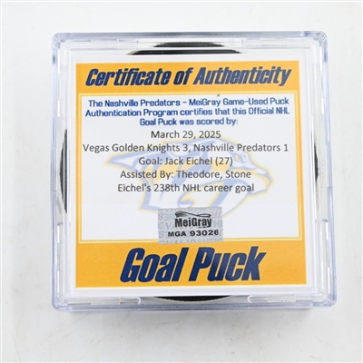 Jack Eichel - Vegas Golden Knights - Goal Puck - March 29, 2025 vs. Nashville Predators (Predators Logo)
