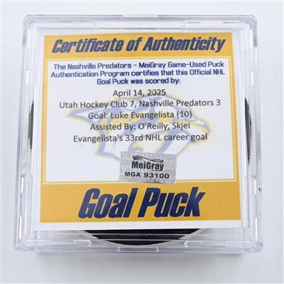 Luke Evangelista - Nashville Predators - Goal Puck - April 14, 2025 vs. Utah Hockey Club (Predators Logo)