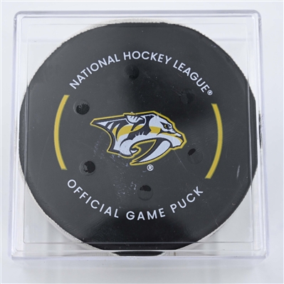 Luke Evangelista - Nashville Predators - Goal Puck - April 14, 2025 vs. Utah Hockey Club (Predators Logo)