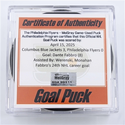 Dante Fabbro - Columbus Blue Jackets - Goal Puck - April 15, 2025 vs. Philadelphia Flyers (Flyers Logo)