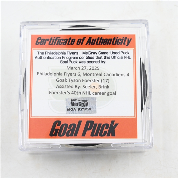 Tyson Foerster - Philadelphia Flyers - Goal Puck - March 27, 2025 vs. Montreal Canadiens (Flyers Logo)