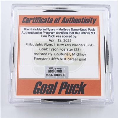 Tyson Foerster - Philadelphia Flyers - Goal Puck - April 12, 2025 vs. New York Islanders (Flyers Logo)