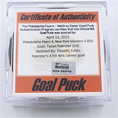 Tyson Foerster - Philadelphia Flyers - Goal Puck - April 12, 2025 vs. New York Islanders (Flyers Logo)