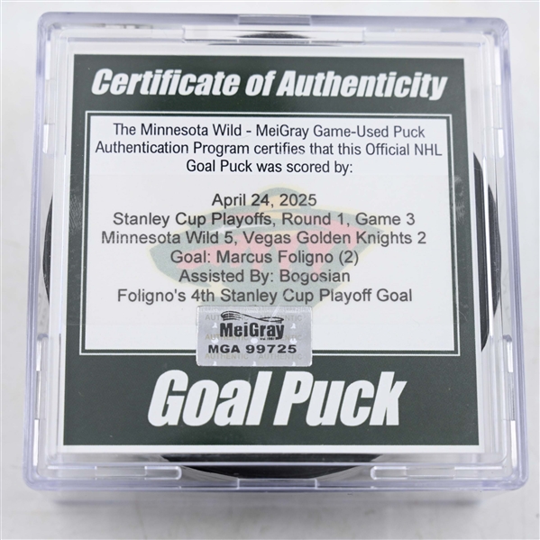 Marcus Foligno - Minnesota Wild - Goal Puck - April 24, 2025 vs. Vegas Golden Knights - 2025 Stanley Cup Playoffs, Round 1, Game 3 (Wild Logo)