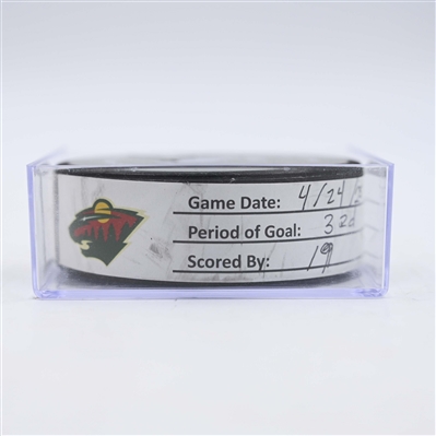 Marcus Foligno - Minnesota Wild - Goal Puck - April 24, 2025 vs. Vegas Golden Knights - 2025 Stanley Cup Playoffs, Round 1, Game 3 (Wild Logo)