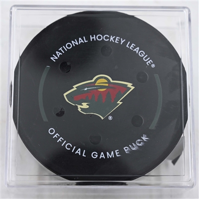 Marcus Foligno - Minnesota Wild - Goal Puck - April 26, 2025 vs. Vegas Golden Knights - 2025 Stanley Cup Playoffs, Round 1, Game 4 (Wild Logo)