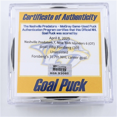 Filip Forsberg - Nashville Predators - Goal Puck - April 8, 2025 vs. New York Islanders (Predators Logo)