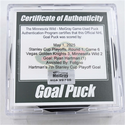 Ryan Hartman - Minnesota Wild - Goal Puck - May 1, 2025 vs. Vegas Golden Knights - 2025 Stanley Cup Playoffs, Round 1, Game 6 (Wild Logo)