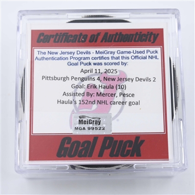 Erik Haula - New Jersey Devils - Goal Puck - April 11, 2025 vs. Pittsburgh Penguins (Devils Logo)