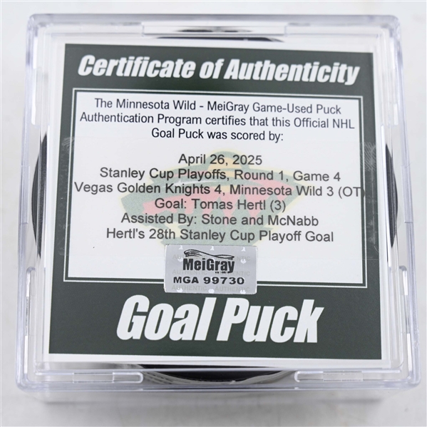 Tomas Hertl - Vegas Golden Knights - Goal Puck - April 26, 2025 vs. Minnesota Wild - 2025 Stanley Cup Playoffs, Round 1, Game 4 (Wild Logo)