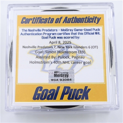 Simon Holmstrom - New York Islanders - Goal Puck - April 8, 2025 vs. Nashville Predators (Predators Logo)