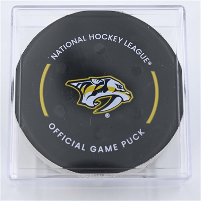 Simon Holmstrom - New York Islanders - Goal Puck - April 8, 2025 vs. Nashville Predators (Predators Logo)