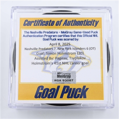 Simon Holmstrom - New York Islanders - Goal Puck - April 8, 2025 vs. Nashville Predators (Predators Logo)