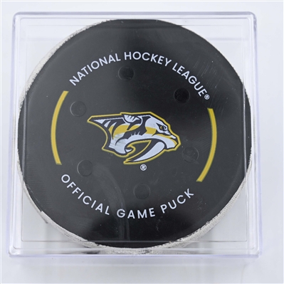 Simon Holmstrom - New York Islanders - Goal Puck - April 8, 2025 vs. Nashville Predators (Predators Logo)