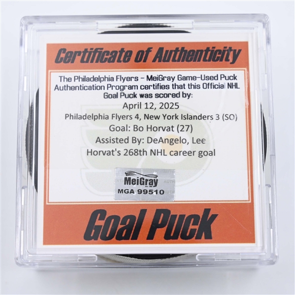 Bo Horvat - New York Islanders - Goal Puck - April 12, 2025 vs. Philadelphia Flyers (Flyers Logo)