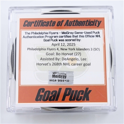 Bo Horvat - New York Islanders - Goal Puck - April 12, 2025 vs. Philadelphia Flyers (Flyers Logo)