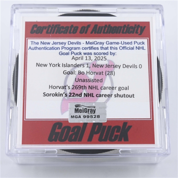 Bo Horvat - New York Islanders - Goal Puck - April 13, 2025 vs. New Jersey Devils (Devils Logo)