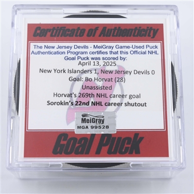 Bo Horvat - New York Islanders - Goal Puck - April 13, 2025 vs. New Jersey Devils (Devils Logo)