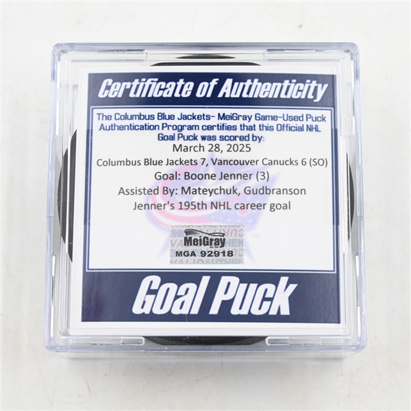 Boone Jenner - Columbus Blue Jackets - Goal Puck - March 28, 2025 vs. Vancouver Canucks (Blue Jackets Logo)