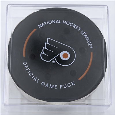Kent Johnson - Columbus Blue Jackets - Goal Puck - April 15, 2025 vs. Philadelphia Flyers (Flyers Logo)