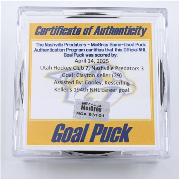 Clayton Keller - Utah Hockey Club - Goal Puck - April 14, 2025 vs. Nashville Predators (Predators Logo)