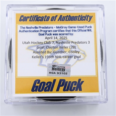 Clayton Keller - Utah Hockey Club - Goal Puck - April 14, 2025 vs. Nashville Predators (Predators Logo)