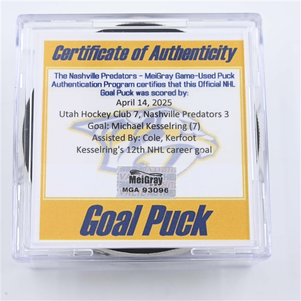 Michael Kesselring - Utah Hockey Club - Goal Puck - April 14, 2025 vs. Nashville Predators (Predators Logo)