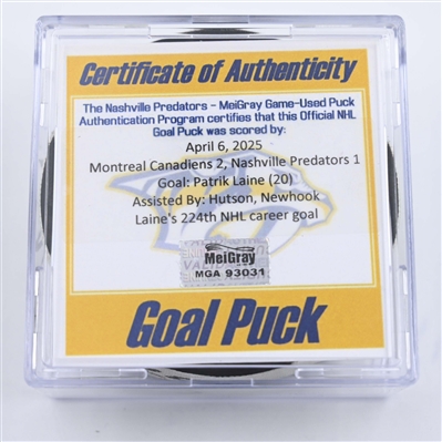 Patrik Laine - Montreal Canadiens - Goal Puck - April 6, 2025 vs. Nashville Predators (Predators Logo)