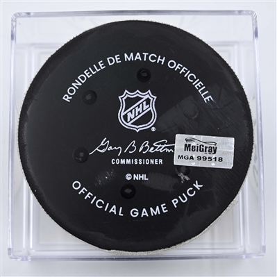 Jakub Lauko - Boston Bruins - Goal Puck - April 8, 2025 vs. New Jersey Devils (Devils Logo)