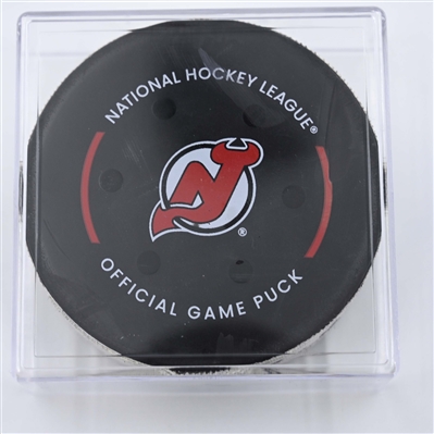 Jakub Lauko - Boston Bruins - Goal Puck - April 8, 2025 vs. New Jersey Devils (Devils Logo)