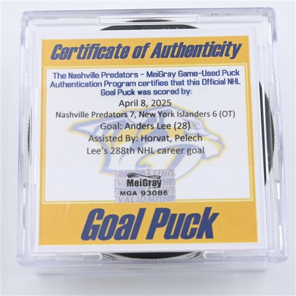 Anders Lee - New York Islanders - Goal Puck - April 8, 2025 vs. Nashville Predators (Predators Logo)