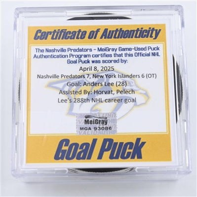 Anders Lee - New York Islanders - Goal Puck - April 8, 2025 vs. Nashville Predators (Predators Logo)