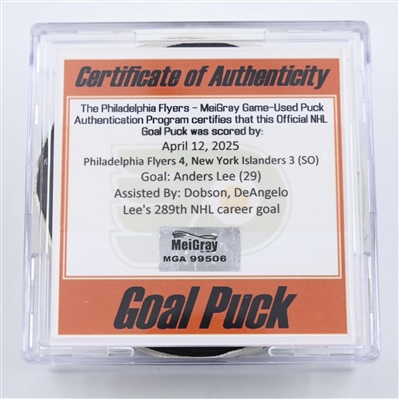 Anders Lee - New York Islanders - Goal Puck - April 12, 2025 vs. Philadelphia Flyers (Flyers Logo)