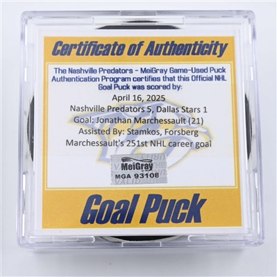 Jonathan Marchessault - Nashville Predators - Goal Puck - April 16, 2025 vs. Dallas Stars (Predators Logo)