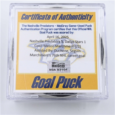 Mason Marchment - Dallas Stars - Goal Puck - April 16, 2025 vs. Nashville Predators (Predators Logo)