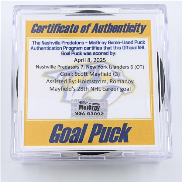 Scott Mayfield - New York Islanders - Goal Puck - April 8, 2025 vs. Nashville Predators (Predators Logo)