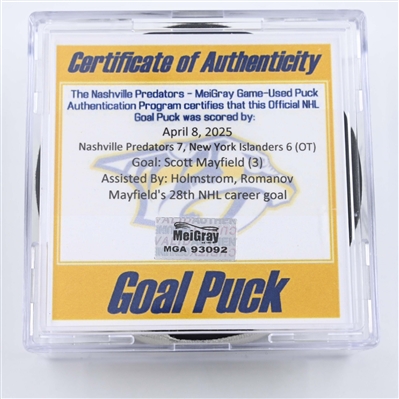 Scott Mayfield - New York Islanders - Goal Puck - April 8, 2025 vs. Nashville Predators (Predators Logo)