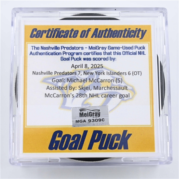 Michael McCarron - Nashville Predators - Goal Puck - April 8, 2025 vs. New York Islanders (Predators Logo)