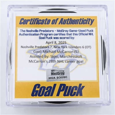 Michael McCarron - Nashville Predators - Goal Puck - April 8, 2025 vs. New York Islanders (Predators Logo)